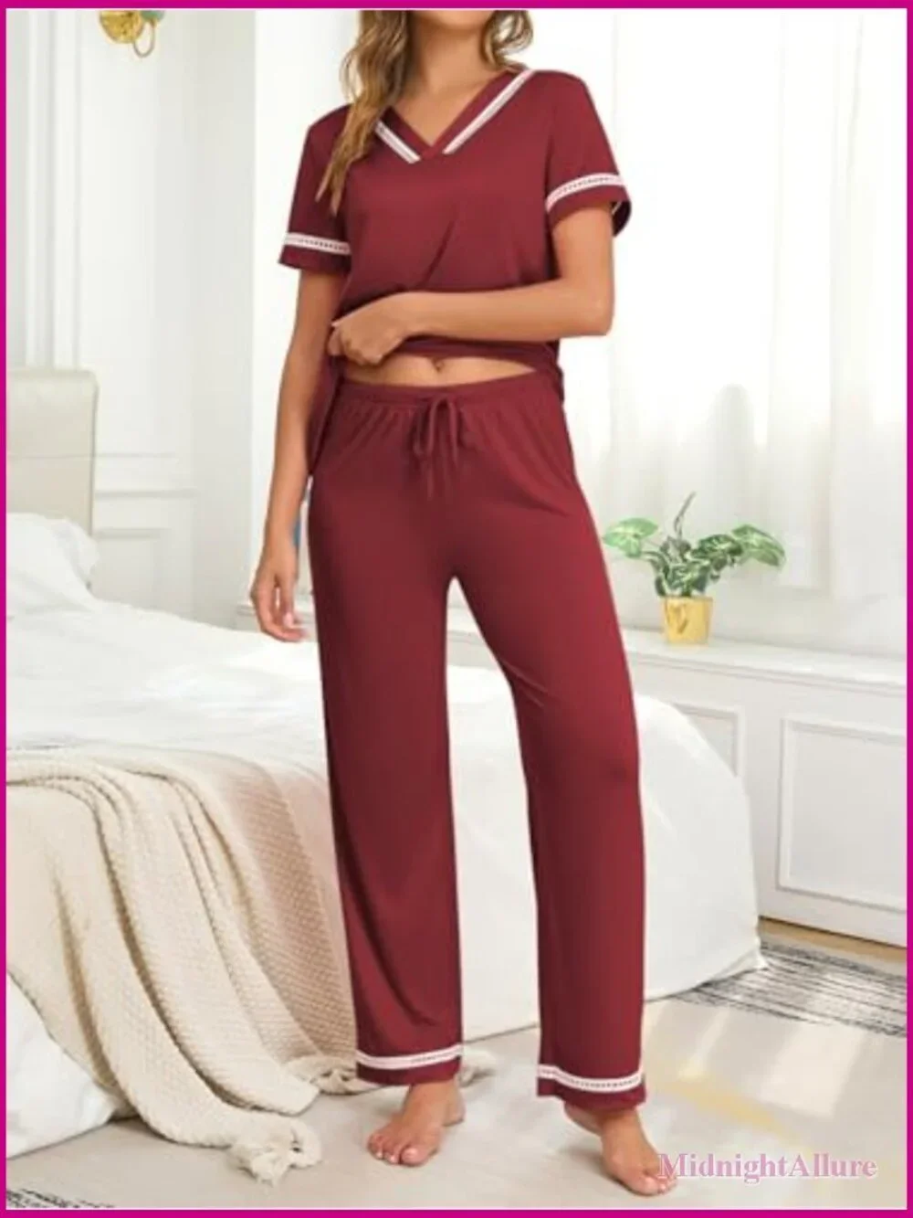 V-Neck Lace Pajama Set with Pockets, Short Sleeve & Wide Leg Pants, Sleepwear